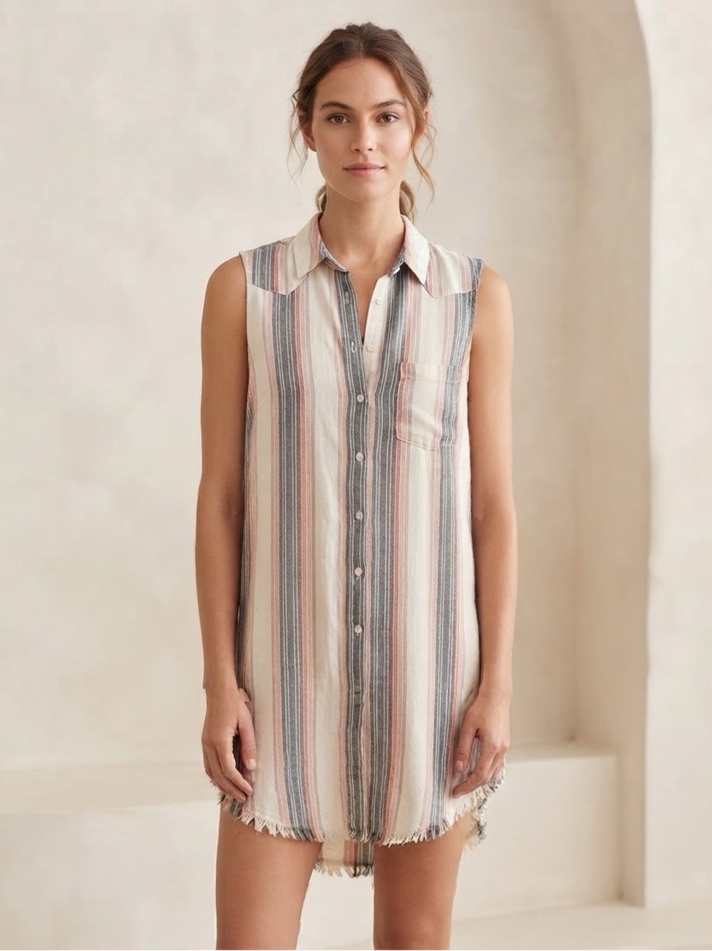 Cloth & Stone Anthropologie Striped Linen Blend Sleeveless Tunic Dress Small